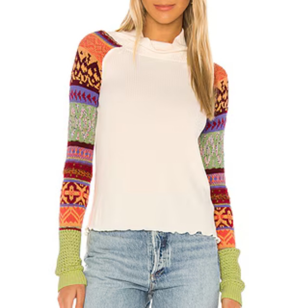 Free People Prism FairIsle Ivory Cowl Neck Sweater Festival Boho Top XS NWT